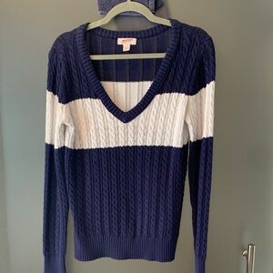 Navy and White V-Neck Sweater